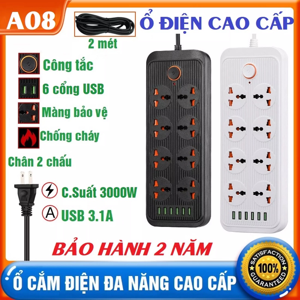 Ổ Cắm Điện Đa Năng chịu Tải 3000W, 2 Nồi Lẩu, Nồi Chiên Không Dầu, Thiết Kế An Toàn Chống Cháy Chống Giật Có 6 Cổng USB