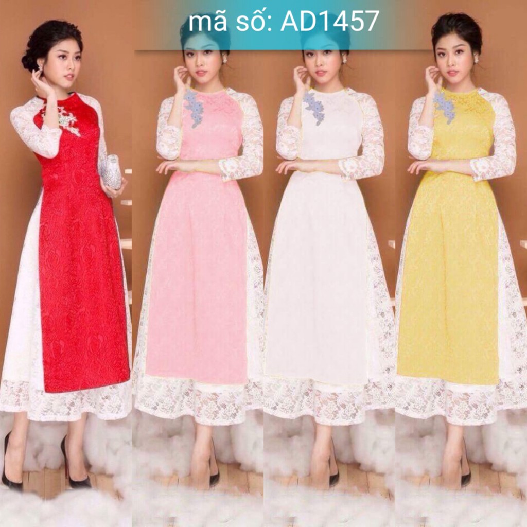 Set Áo Dài Cách Tân gấm cổ tròn tay ren đính hoa kèm váy ren