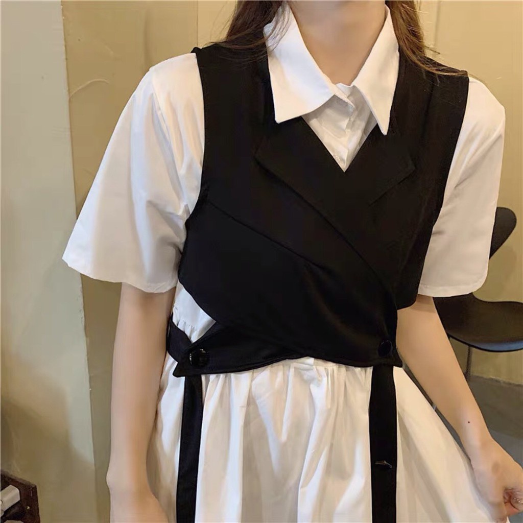 Set Váy Sơ Mi Nữ Sinh Kèm Gile Đen Đai Tách Buộc Dây Unisex - Váy trắng vest đen đan dây chéo Harajuku