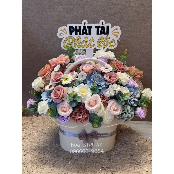 Lẵng hoa Khai Trương, Sinh nhật, Tân Gia. Hoa Sáp mix lụa cao cấp, thiết kế Khả An