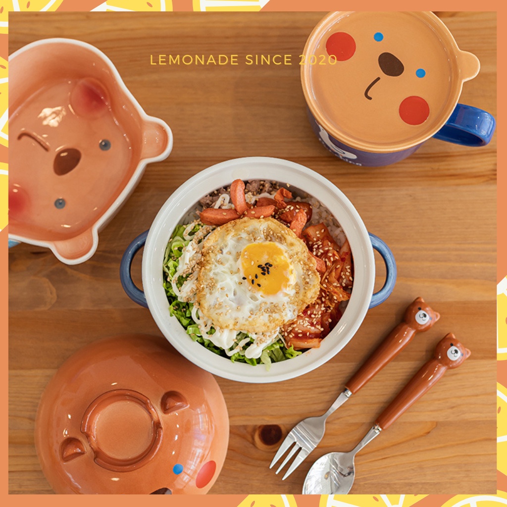 Tô bát mì ăn liền bằng gốm sứ hình mèo, gấu, lợn dễ thương có nắp đậy hai tay cầm tiện lợi cho văn phòng, ký túc xá