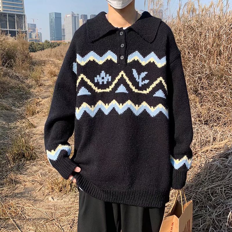 Áo Sweater Cổ Polo Dáng Rộng Thời Trang Thu Đông Dành Cho Nam / Size M-2XL