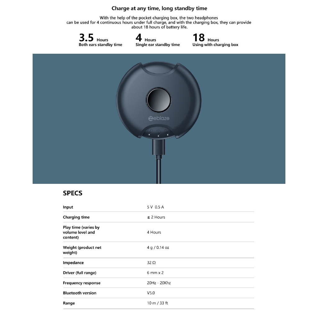 Tai nghe không dây Zeblaze Zepods Bluetooth 5.0 xoay được 360 độ chống nước nghe được 18h