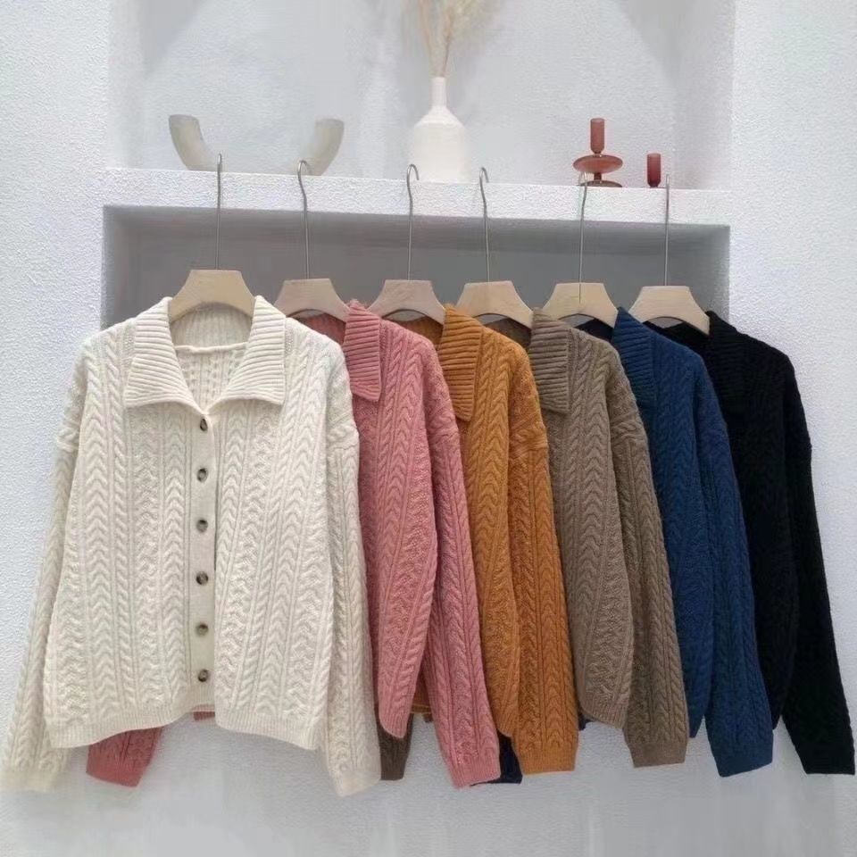 Áo Sweater Dài Tay Phong Cách Hàn Quốc 208526 Áo Khoác Dệt Kim Dáng Rộng Cổ Bẻ Phong Cách Retro
