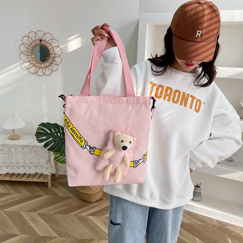 Túi Tote Vải Canvas Có Khóa Kéo In Hình Gấu Bông Dễ Thương Thời Trang Cho Nữ