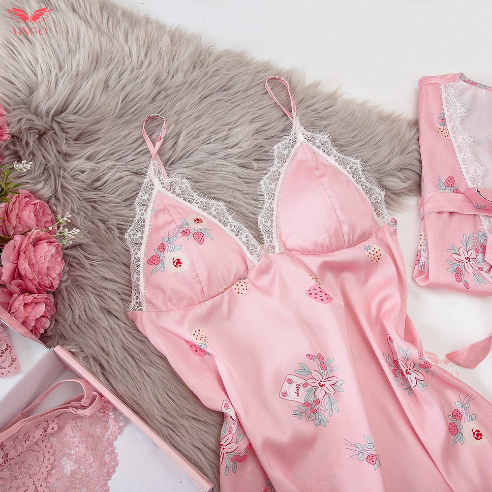 Váy ngủ lụa hai dây gợi cảm phối ren họa tiết dâu hồng thiết kế Vingo N285 VNGO | BigBuy360 - bigbuy360.vn