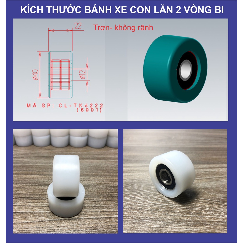 Bánh xe nhựa, bánh xe cửa lùa, Bánh xe thay thế kẹp treo cửa kính, bền, chịu lực lớn, chống mài mòn - đường kính 42mm