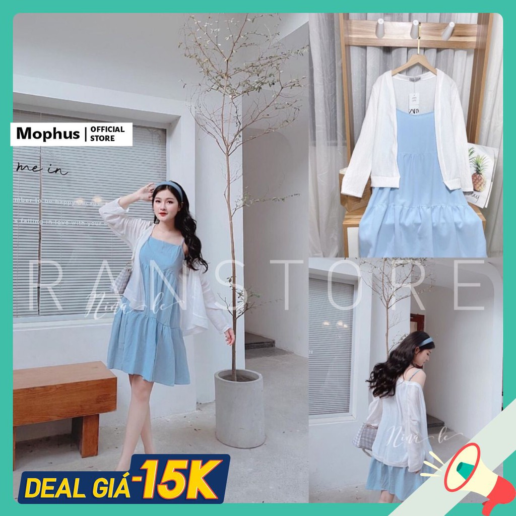 Set 2 món váy 2 dây xanh biển mix áo khoác dài tay ulzzang/ Váy maxi dáng dài kèm áo cardigan style hàn quốc Mophus | BigBuy360 - bigbuy360.vn