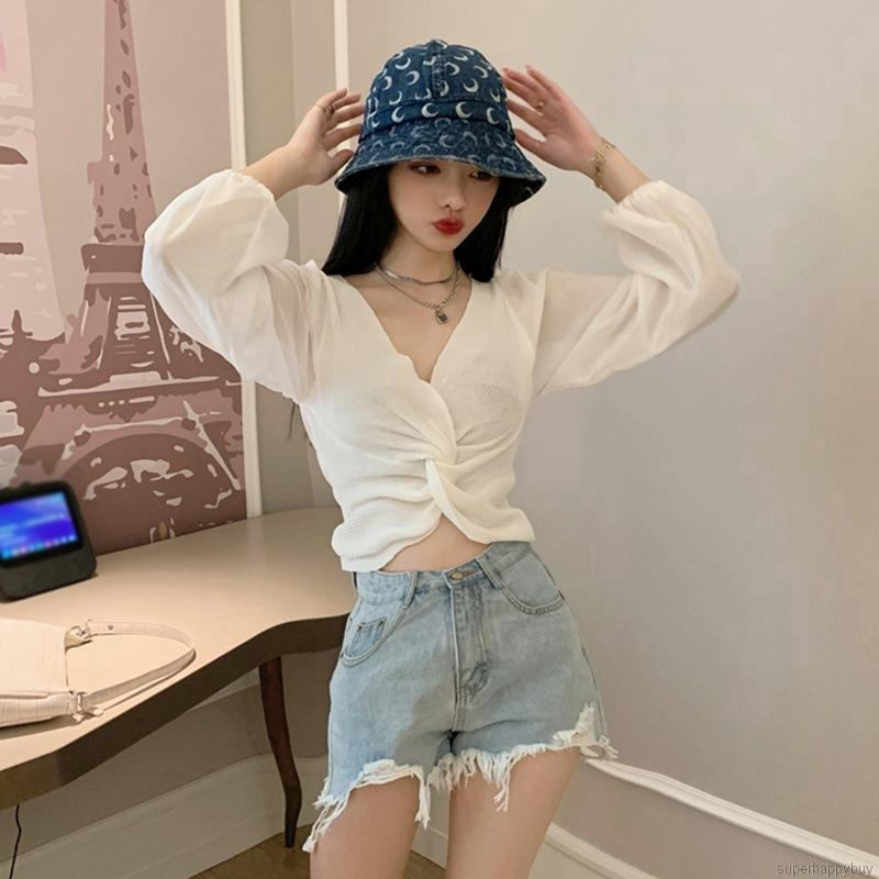 Áo Croptop Dệt Kim Thiết Kế Cổ Chữ V Quyến Rũ