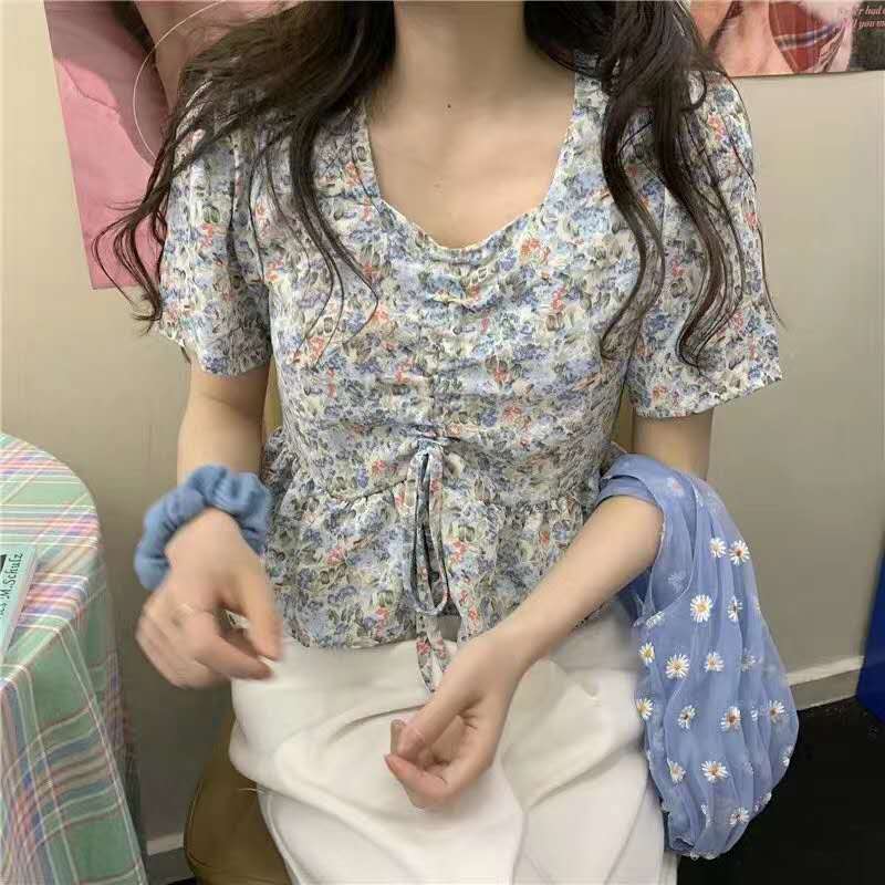Women's French Drawstring Chiffon Shirts Loose French Fashion Summer Short Sleeve Crop Tops | BigBuy360 - bigbuy360.vn