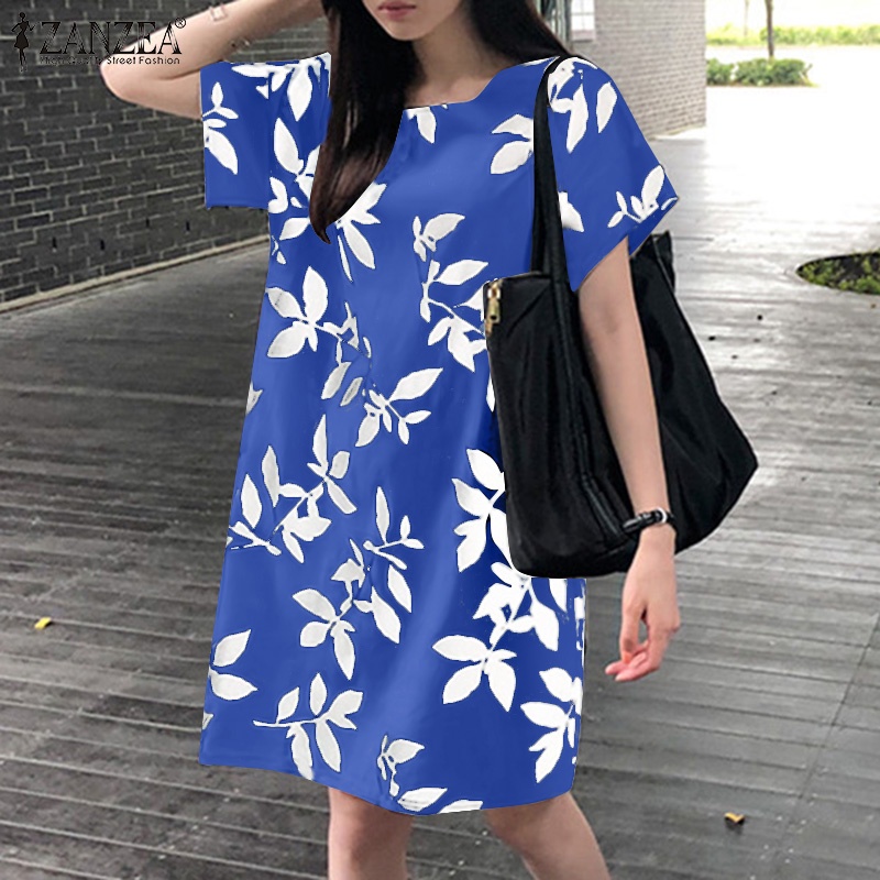 Đầm lửng ZANZEA tay ngắn cài nút phía sau phong cách vintage thời trang cho nữ