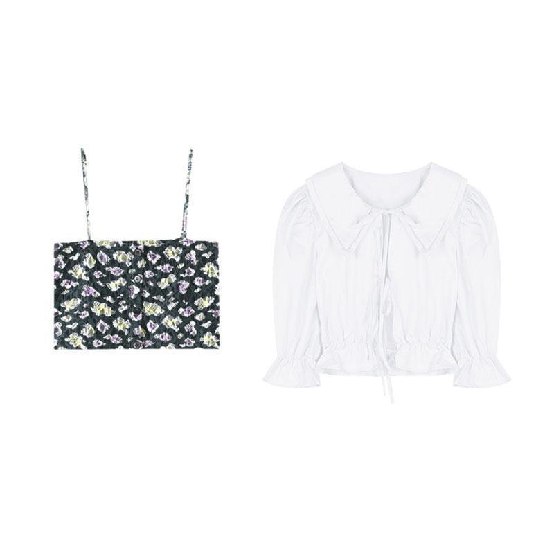 Áo Sơ Mi Tay Phồng Ngắn Cổ Búp Bê In Họa Tiết Hoa Phối Dây Cột Thời Trang Mùa Hè Kiểu Pháp Cho Nữ