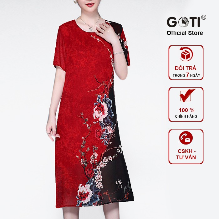 GOTI Đầm Trung Niên Nữ Dáng Suông Rộng Eo Giấu Bụng Cao Cấp Dài Qua Gối Vải Voan 2 Lớp Có Túi 3209