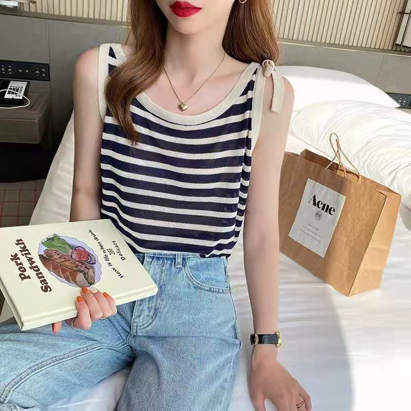 SUXI Áo Tank Top Dệt Kim Dáng Rộng Sát Nách Kẻ Sọc Đính Nơ Thời Trang Mùa Hè Cho Nữ
