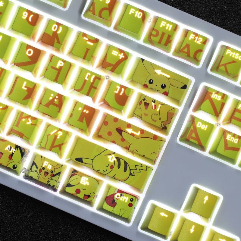 Keycap Pokemon chủ đề Pokémon Pikachu keycap hoạt hình PBT Dye bàn phím cơ thăng hoa Bàn phím cơ truyền ánh sáng Keycap 104 phím