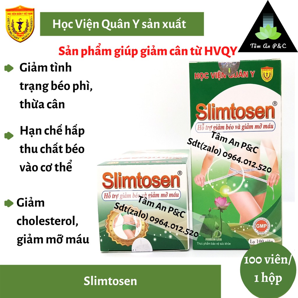 Viên nang giảm cân an toàn Slimtosen Học Viện Quân Y(hộp 100) viên-Giảm cân, hạ mỡ máu, giảm cholesterol-CHÍNH HÃNG HVQY