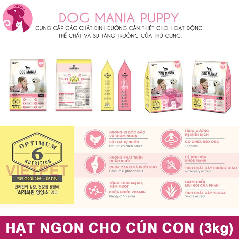 [SALE LỚN] [3kg] THỨC ĂN HẠT CHO CHÓ NHỎ - DOG MANIA PUPPY (HÀN QUỐC) (Thức Ăn Khô,Thức Ăn Hạt, Cám Chó Nhỏ)