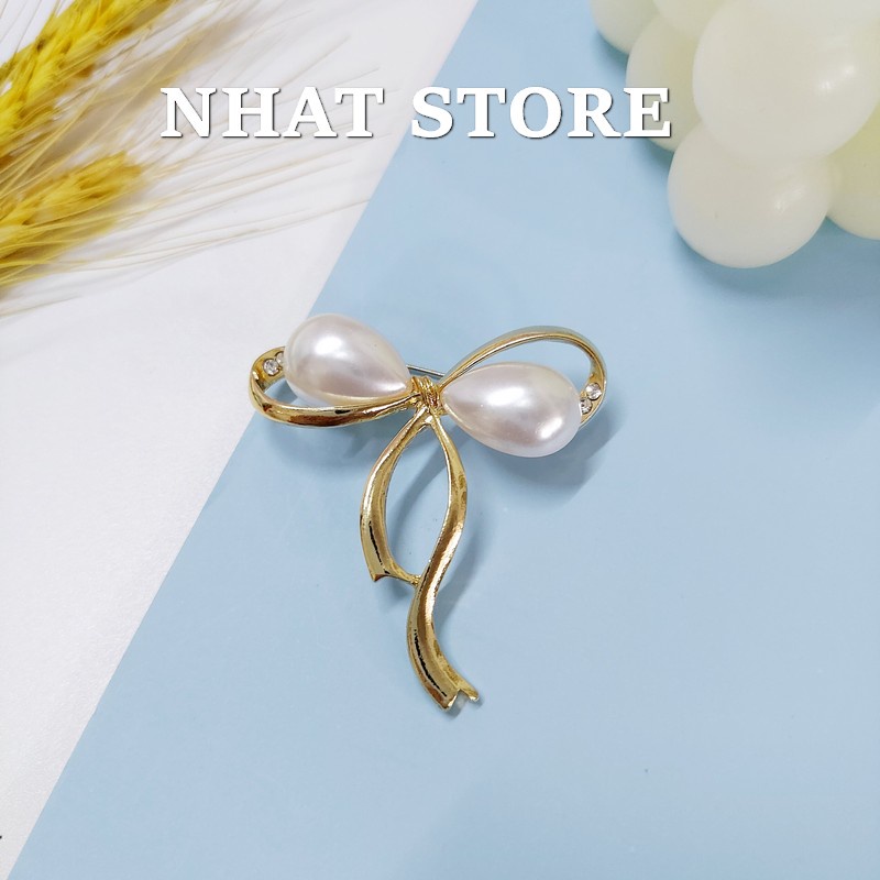 Ghim Cài áo hình nơ đính ngọc trai nhân tạo đơn giản đẹp - Cài áo CA17
