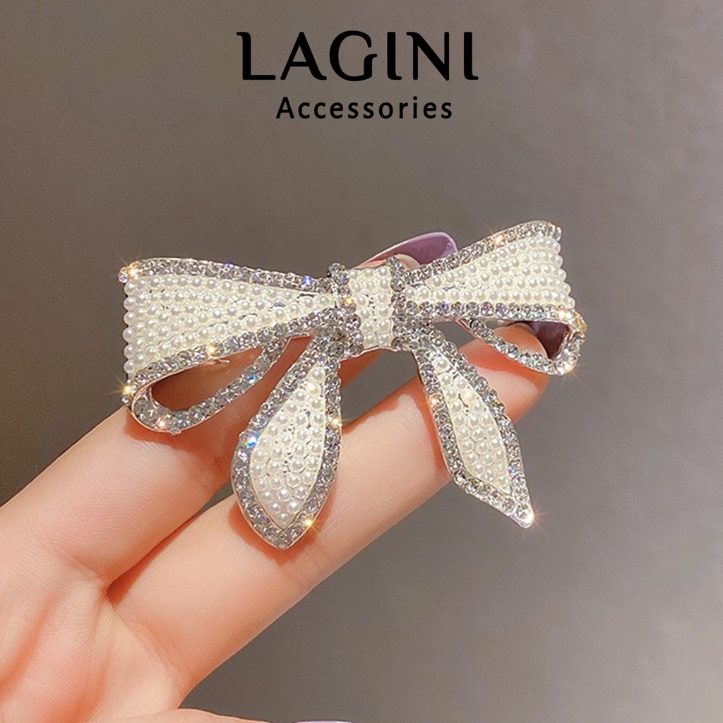 Kẹp tóc nơ đính đá Lagini kẹp nửa đầu nhỏ tiểu thư nữ tính phong cách Hàn Quốc cho nữ KT14