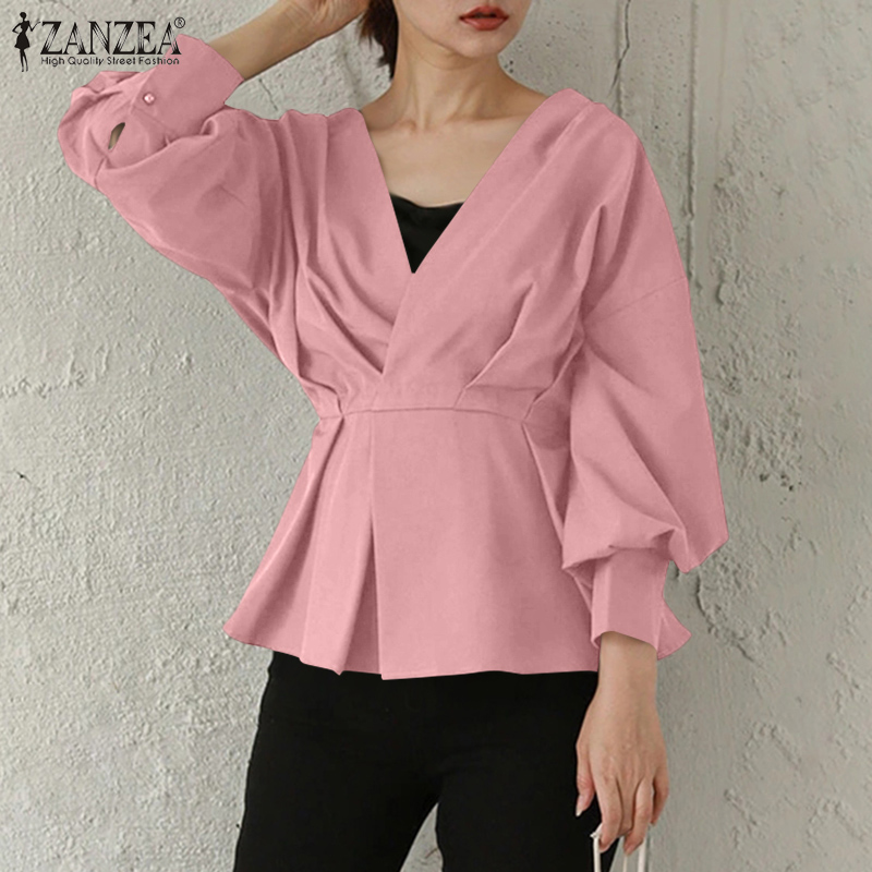 Áo ZANZEA tay dài ống phồng cổ chữ V màu trơn phối dây buộc thời trang cho nữ