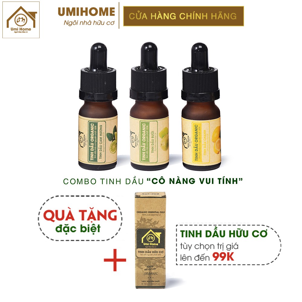 Combo 3 loại Tinh Dầu UMIHOME gồm Bưởi, Chanh, Cam hương (10mlx3) hữu cơ nguyên chất