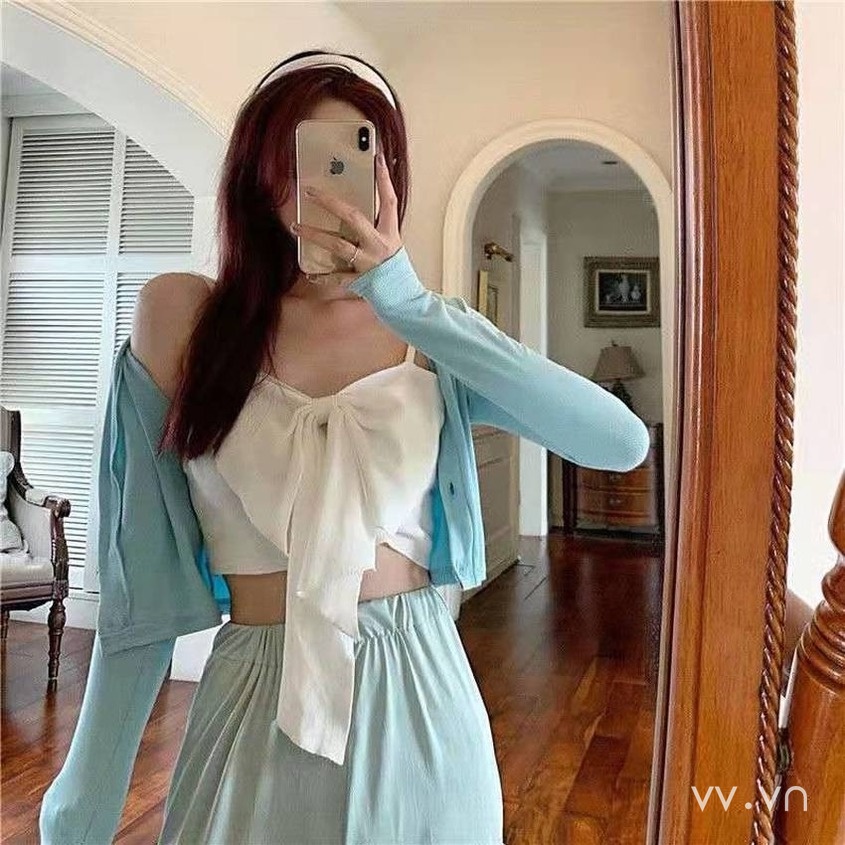 Áo Dệt Kim Sát Nách Dáng Ôm Đính Nơ Màu Sắc Đơn Giản Phong Cách Hàn Quốc Cho Nữ