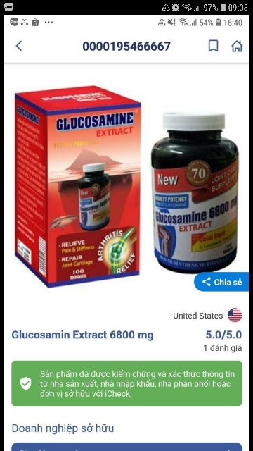 Viên uống hỗ trợ xương khớp Glucosamine Extract 6800mg Mỹ 100 viên