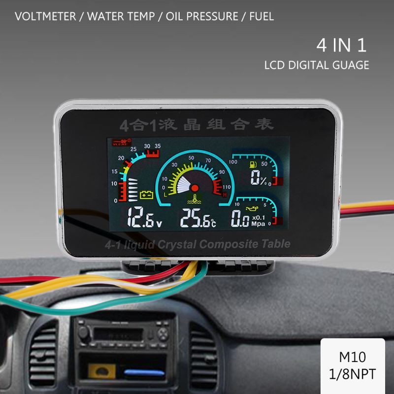 ✔❆♘Đồng hồ đo áp suất dầu/nhiệt độ nước/điện áp/nhiên liệu 4 trong 1 tích hợp màn hình LCD kỹ thuật số cho xe hơi