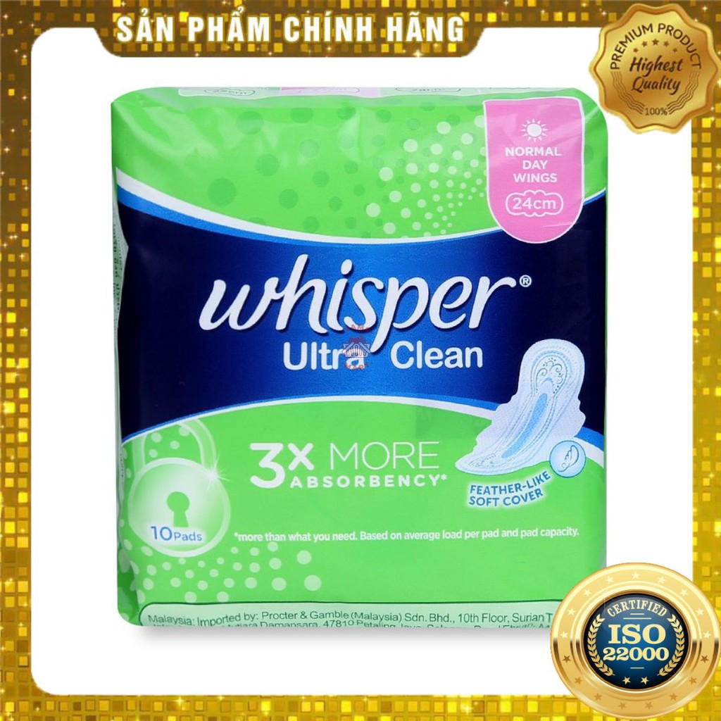 [ Yams Mart ] Băng Vệ Sinh Whisper Ultra Clean Ngày  Có Cánh (Gói 10 Miếng)