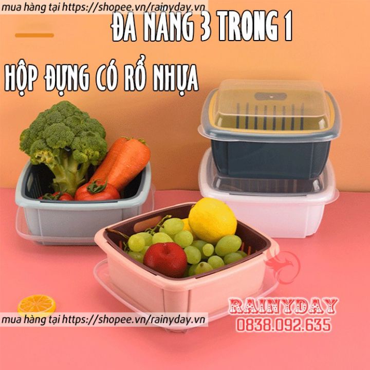 Khay nhựa để đựng đồ thức ăn thực phẩm trong tủ lạnh hộp vuông có rổ nhựa và nắp đậy 2 lớp đa năng