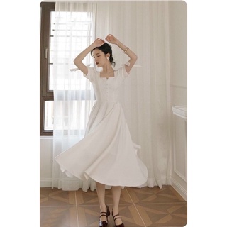 Đầm vintage công chúa trắng cổ khoá nút bọc dáng xoè dài (kèm hình thật)