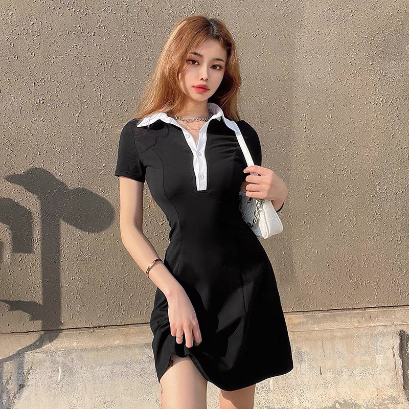 đầm polo ⚡Bán Lỗ⚡Đầm nữ cổ sơ mi dáng ôm body, thun cộc tay màu ĐEN  Ulzzang [v07] | BigBuy360 - bigbuy360.vn