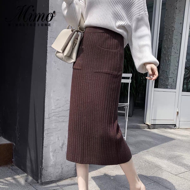 [Hàng Quảng Châu]SP042 Chân váy len midi xẻ tà túi vuông