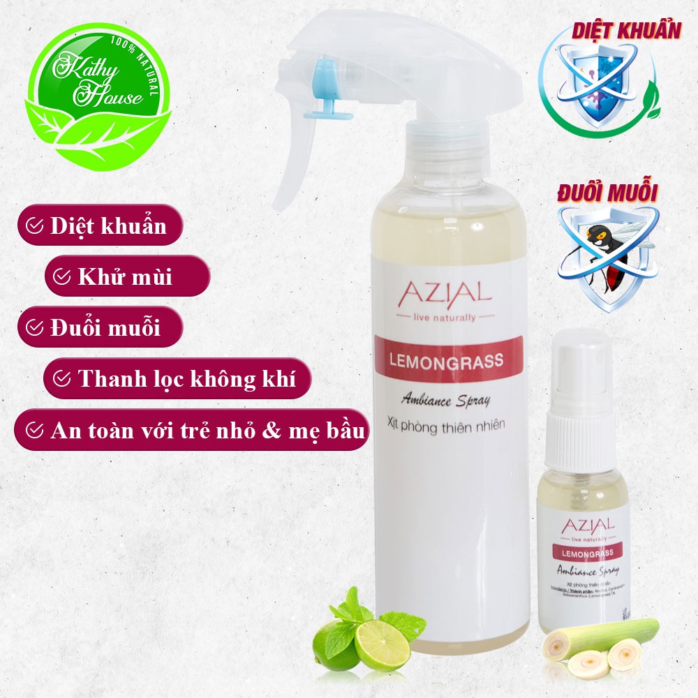 Xịt phòng tinh dầu sả chanh AZIAL Lemongrass 30ml, khử mùi, diệt khuẩn, đuổi muỗi, hương thơm dễ chịu