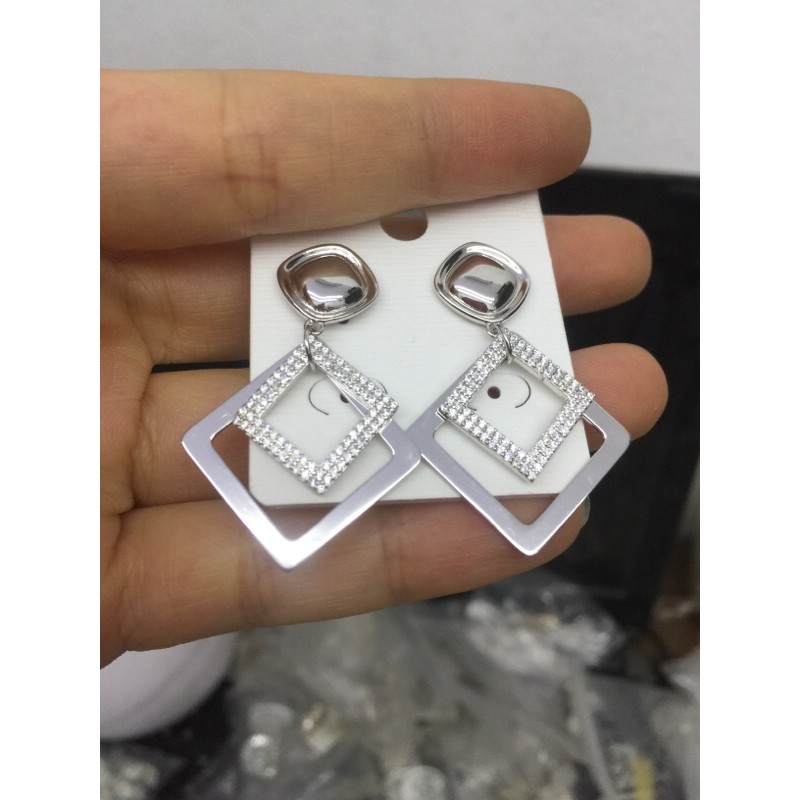Khuyên tai tua rua thả 5 sợi mỳ đính đá nhân tạo bạc thật mạ vàng trắng (xi kim) dự tiệc quả cầu nơ rô