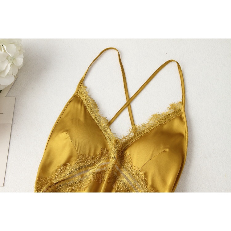 Đồ ngủ Vải Lụa Lạnh Mỏng Phối Dây Rút Cổ V Xẻ Sâu Lưng Trần Gợi Cảm Thời Trang Xuân Hè Cho Bạn Gái