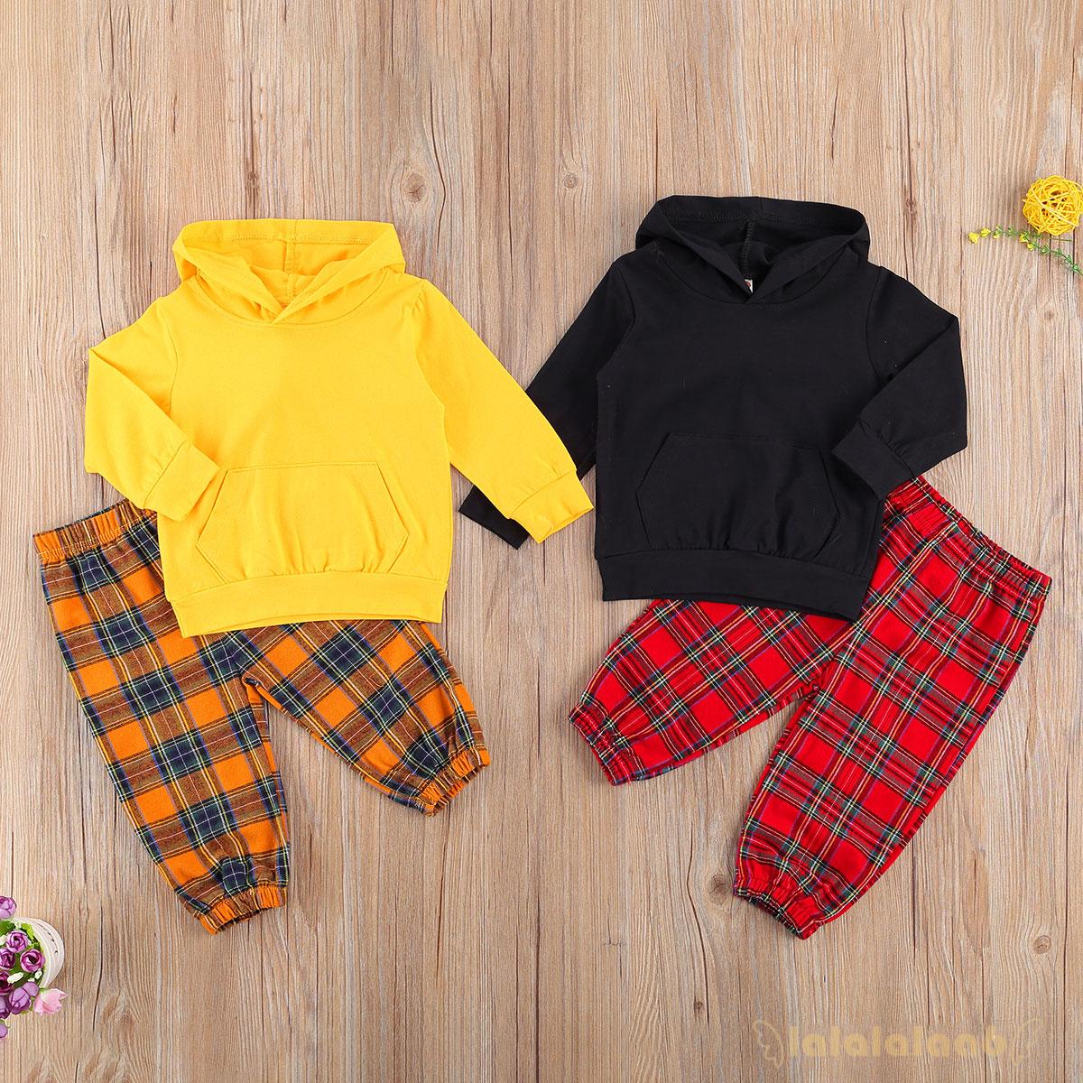 Bộ 2 Món Gồm Áo Hoodie Dài Tay + Quần Dài Sọc Caro Cho Bé Gái