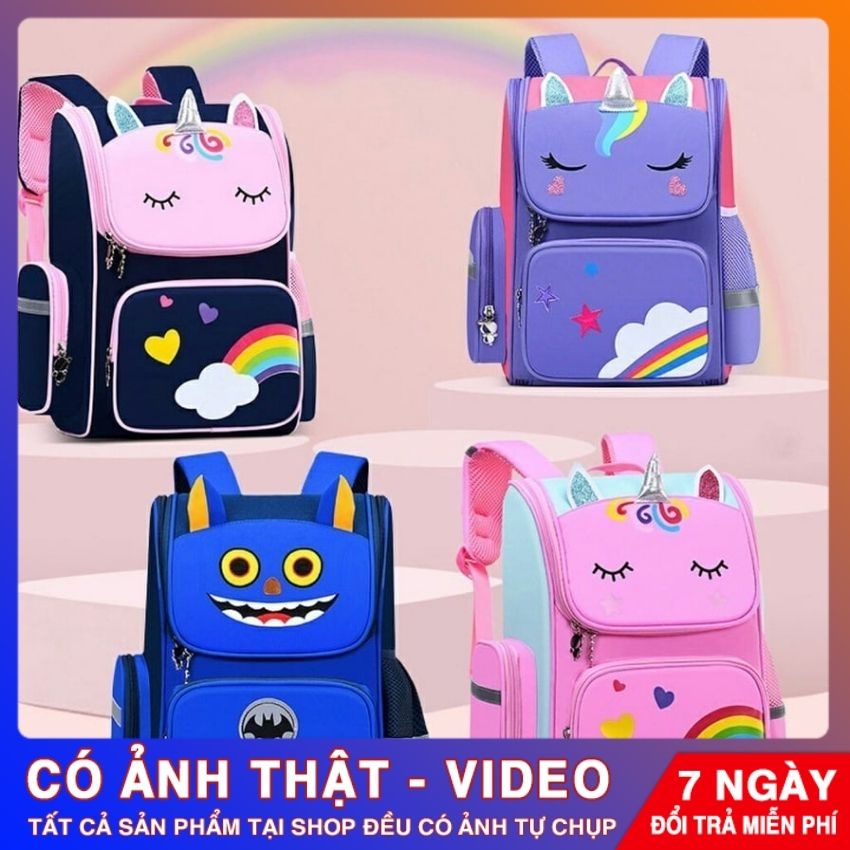 Cặp balo học sinh đi học chống gù, chống thấm nước cao cấp hoạ tiết Unicorn, có hệ thống phản quang bảo vệ cho bé BLHS03
