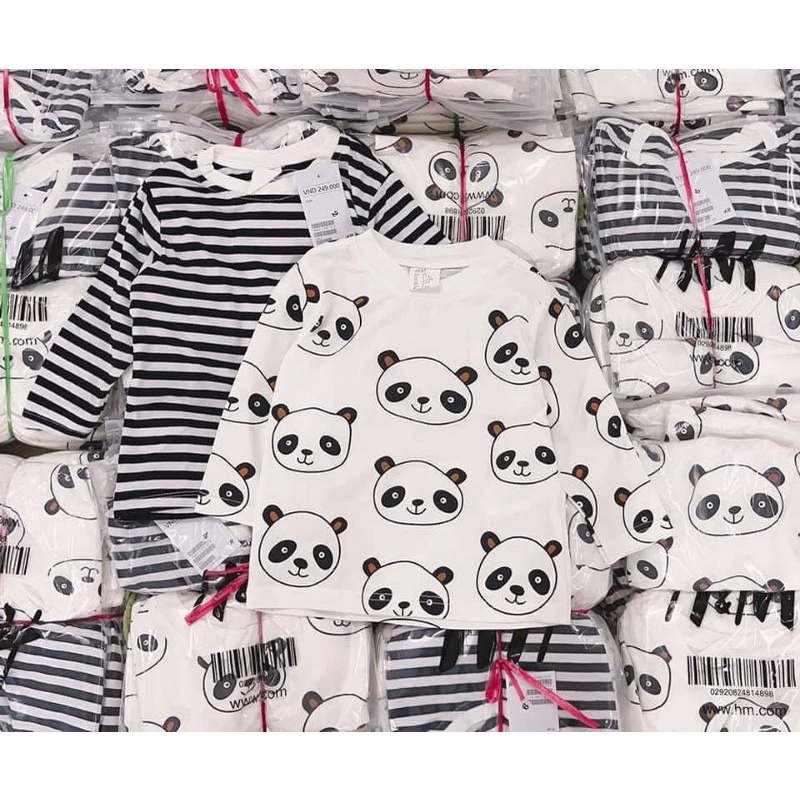 Áo thun bé unisex H&M KIDS xuất xịn thun cotton cổ tròn tay dài in hình gấu, sọc ngang