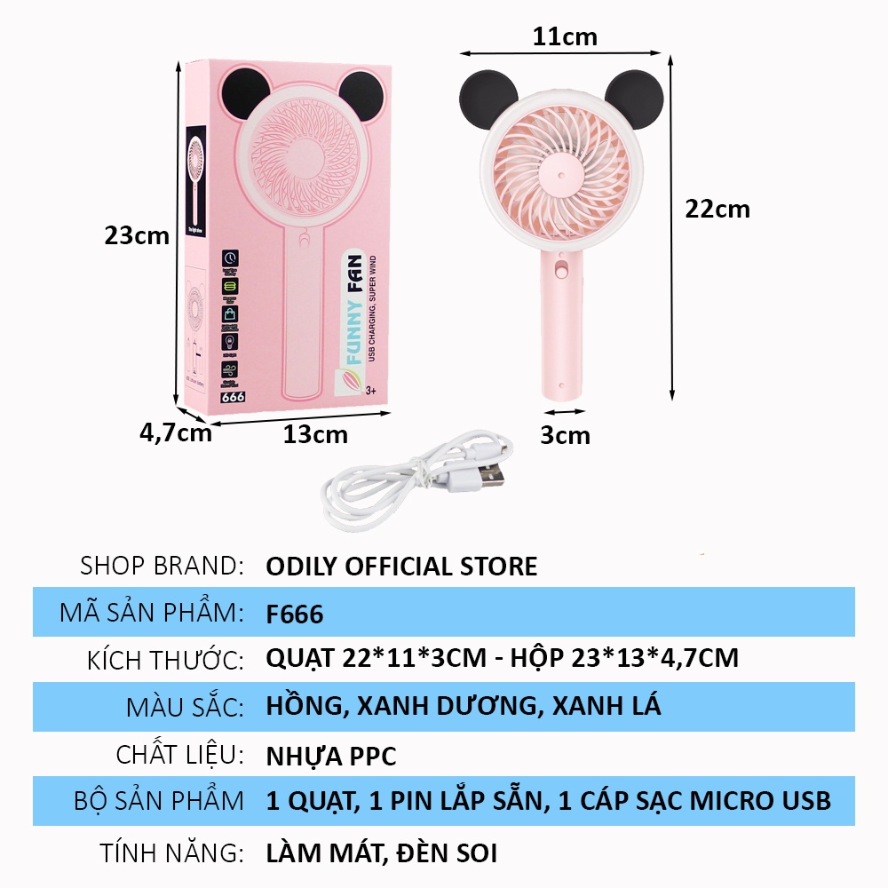 Quạt cầm tay mini sạc tích điện USB để bàn đèn led mickey cute siêu dễ thương FUNNY F666