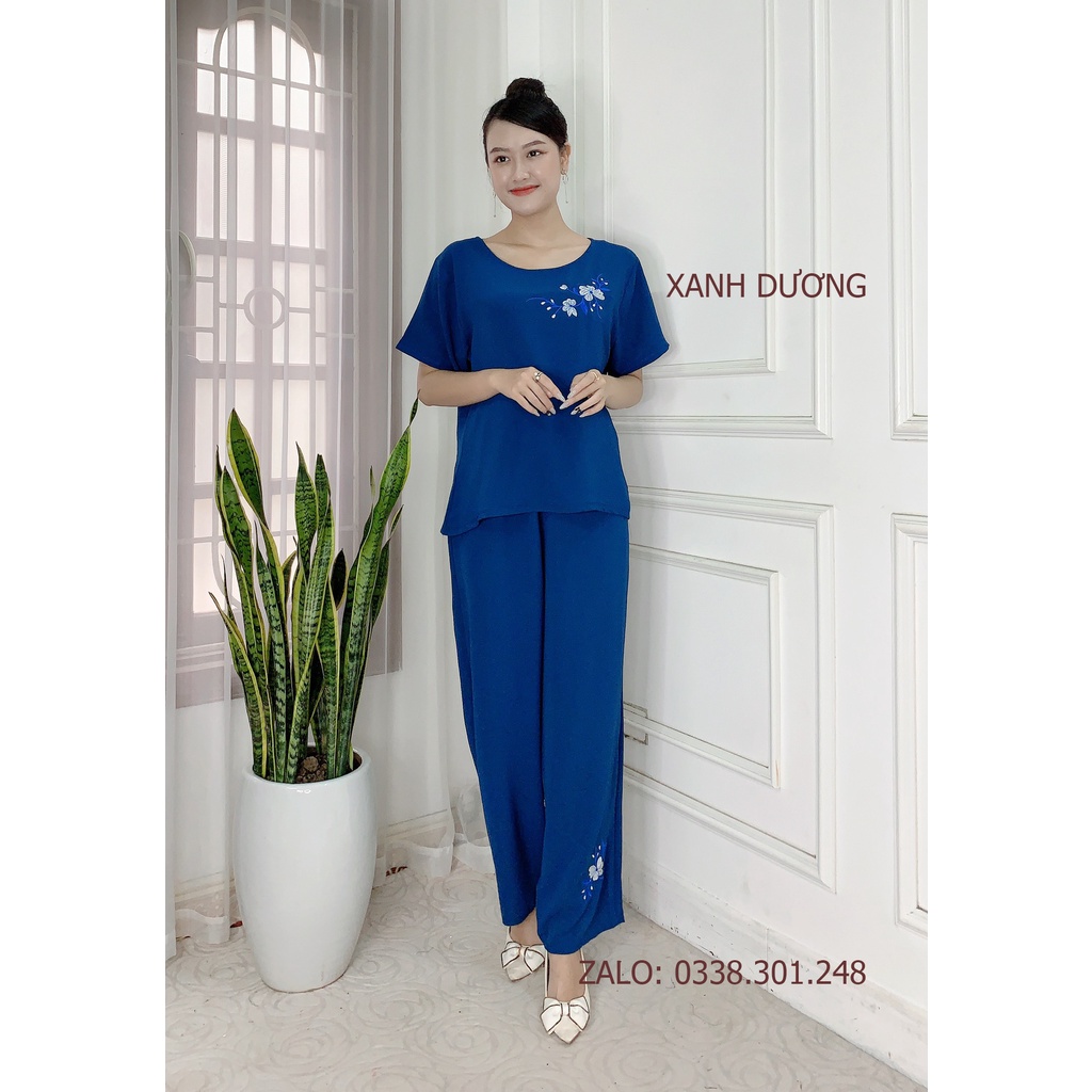 Bộ Đũi thêu hoa Trung niên cho bà cho mẹ Tay cộc Quần dài