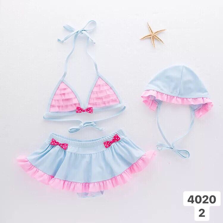 SET ĐỒ BƠI BIKINI BÉ GÁI CAYABE MÀU HỒNG XANH KÈM NÓN BƠI