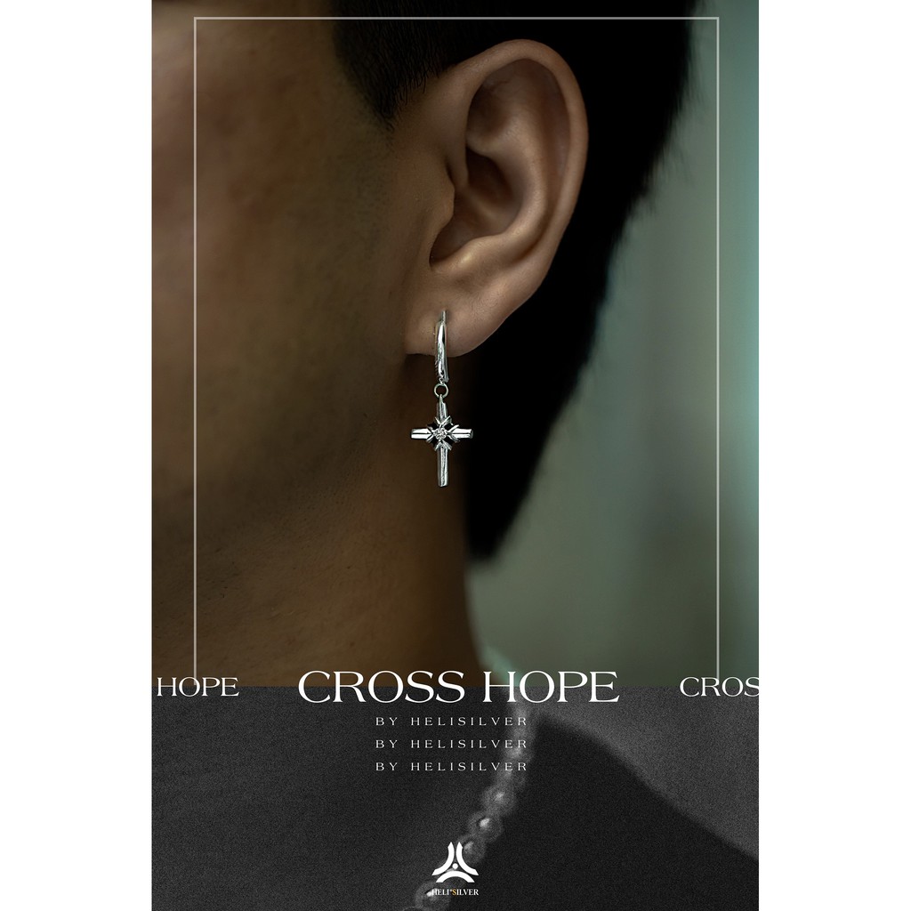 Khuyên tai bạc nam, nữ HeliSilver Cross Hope S925 KTB282