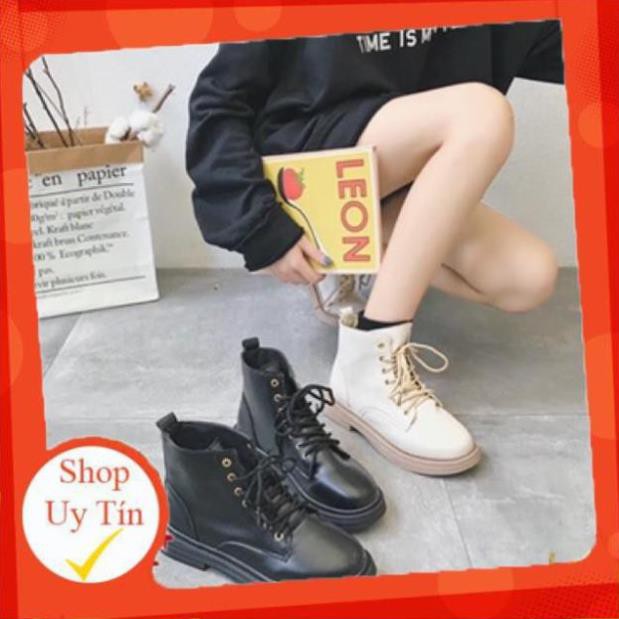 Hàng Có Sẵn Giày bốt da mềm nữ ulzzang cao cổ 2 màu đen và be gót vuông