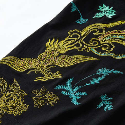 Áo thun cổ tròn form rộng thêu họa tiết phượng hoàng thời trang xu hướng Trung quốc