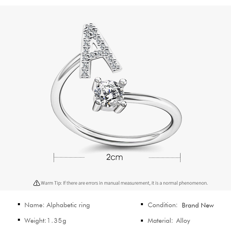 Nhẫn hở có thể điều chỉnh kích thước phối mặt hình 26 chữ cái đính kim cương giả phong cách Hàn Quốc cho nữ