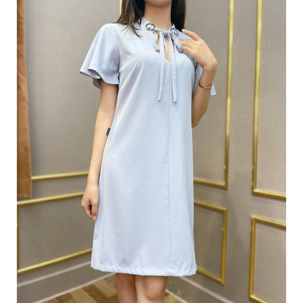 Đầm suông SEFA cổ buộc nơ màu ghi SFT3005