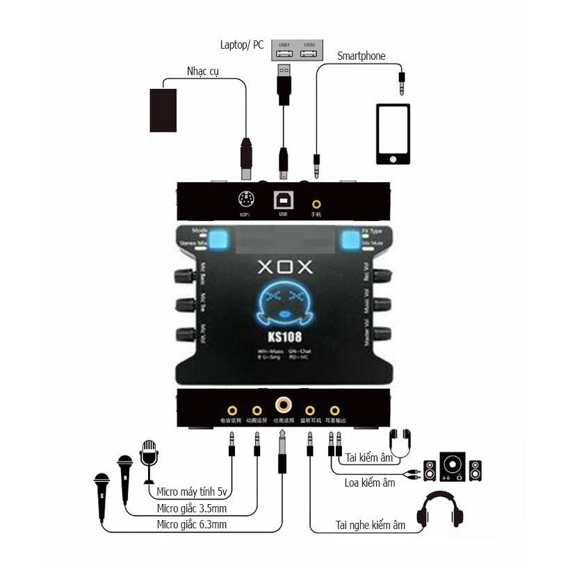 Sound Card XOX KS108 chuyên dùng cho thu âm, hát karaoke, Livestream, Phiên Bản Quốc Tế Có Tiếng Anh