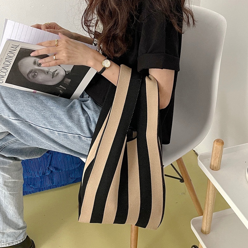 IELGY Túi tote Đeo Vai Dệt Họa Tiết Kẻ Sọc Thời Trang Xuân Hè Mới