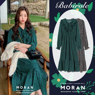 (ORDER) Váy MORAN dài tay hoa nhí li ti xòe dài đuôi cá cổ thắt nơ vintage điệu đà Hàn Quốc